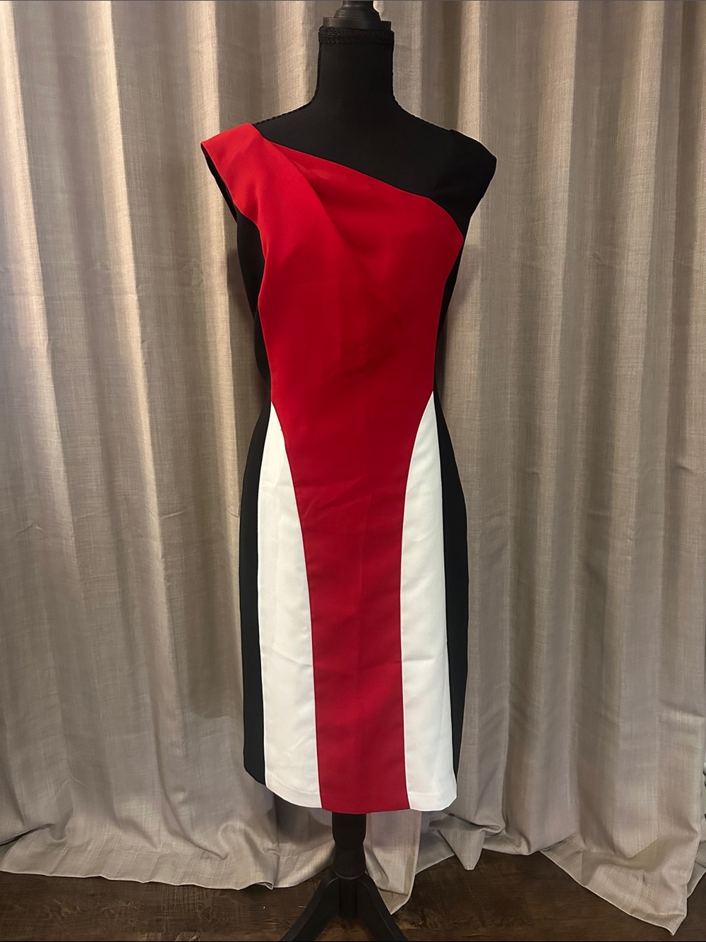 Asymmetric Colorblock Sheath Dress in Black, Red & White
